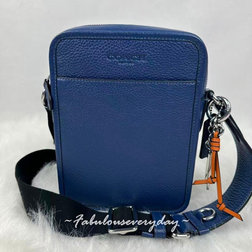 Coach Men Sullivan Crossbody Bag With Charms Leather/Silver/Deep Blue CEB93 NWT